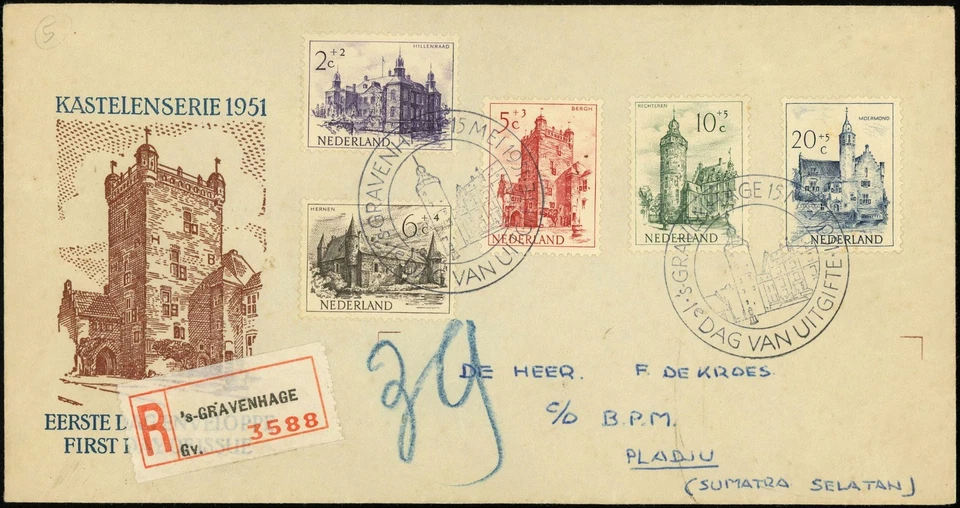 Netherlands B224-B228 Castles FDC Registered Cover Princenhage to Pladju Sumatra - Image 1 of 2