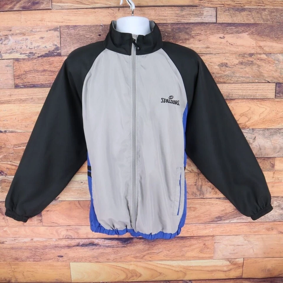 Spalding Windbreaker Jacket Full Zip Mens L Gray Black Blue Pockets Lightweight - Image 1 of 4
