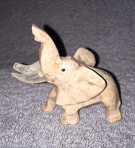 CARVED MARBLE ELEPHANT FIGURINE, WITH TRUNK UP,  LIGHT GREY MARBLE - Picture 1 of 10