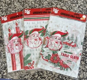 Vintage Holiday Christmas Tablecloth 54" x 72" Plastic Santa Set of 3 NOS - Picture 1 of 7