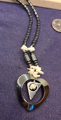 Hematite Necklace heart 21 inch long hand made w/white fetish shell chip insets - Image 1 of 4