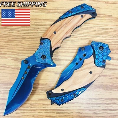 Navaja de Bolsillo Plegable Hoja Abierta Asistida por Resorte Madera Táctica Escalas Azules 8.5" Foto 1 de 4