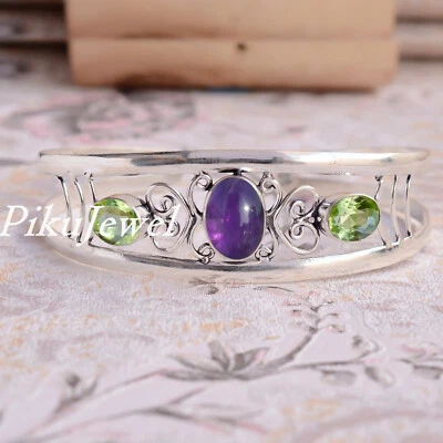Purple Amethyst & Peridot Cut Gemstone 925 Sterling Silver Bracelet For Festival - Image 1 of 4