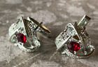 Vintage Clear Red Faceted Stone Silver Tone Cuff Links BLINGY