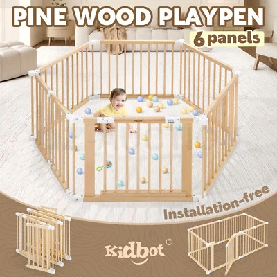 Kidbot Wooden Baby Playpen Kids Safety Gate Pet Dog Fence Foldable 6 Panel - image 1 of 4
