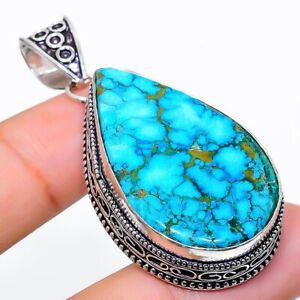 Tibetan Turquoise Gemstone 925 Silver Jewellery Pendant 2.17" c220