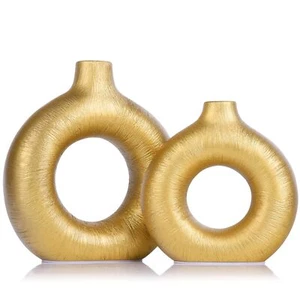 Gold Ceramic Vase Set of 2, Matte Round Hollow Donut Flower Vases, Modern Boh... - Picture 1 of 7