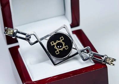 835 Argento - Grande Antico Art Deco Spilla - Onice - Placcato Oro - Immagine 1 di 4