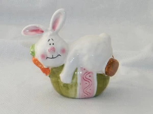 Holiday Porcelain Bunny Rabbit w/ Carrot Sitting On Green & Pink Easter Egg - Picture 1 of 10