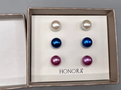 Boxed 3 Pr HONORA Stainless Steel Cultured Pearl Studs 9mm White, Blue, RosePink - Image 1 of 2