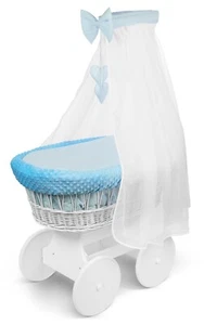 White Wicker Wheels Moses Basket Baby+Full Bedding Set Dimple Blue - Picture 1 of 6