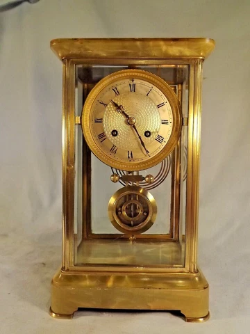 19c French Onyx/Brass 4 Glass Clock Working Order Cover
