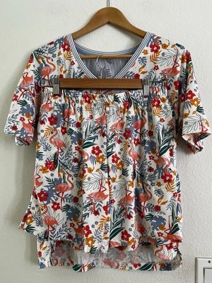 Cuddl Duds White Floral/Flamingo Print Short Sleeve PJ Set Women Sz Small Soft - Image 1 of 4