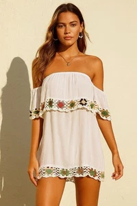 Boho Schulterfreies Häkelborte Kleid Bauernstil Transparent Strand Cover-Up S/M - Bild 1 von 8