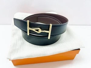 HERMES Authentic Belt Buckle Jumbo Leather Black Silver Color Men's Size 100/32 - Picture 1 of 15