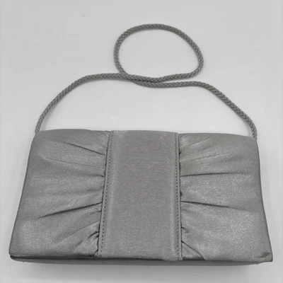 Style & Co. Silver Satin Clutch Purse Snap Closure 8”x4” Cord Strap Evening Club - Image 1 of 4