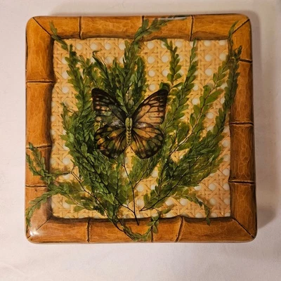 Bandeja decorativa cuadrada vintage posavasos helecho mariposa resina bambú imitación ratán Foto 1 de 2
