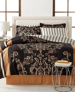FAIRFIELD SABRINA 8 PC QUEEN COMFORTER SET BROWN GOLD DAMASK - Picture 1 of 1