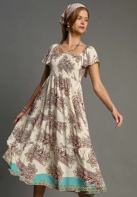 Vestido midi Umgee para mujer estampado floral cachemir manga volantes Foto 1 de 4