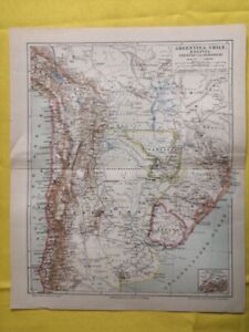 1890 ARGENTINA CHILE Vintage Geographical MAP Bolivia Paraguay Original C12-2