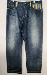 COOGI Streetwear Hip Hop Psychedelic Art Embroidery Pockets Y2K Jeans 38x34 - Picture 1 of 15