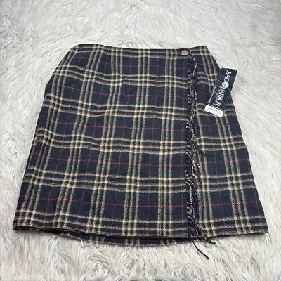 NUEVO CON ETIQUETAS Falda envolvente vintage Sag Harbor para mujer 14P mezcla de lana a cuadros flecos tartán Foto 1 de 4
