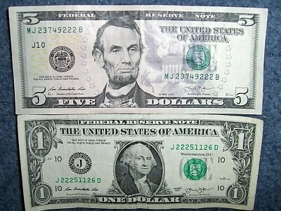 U.S. FIVE & ONE DOLLAR NOTES WITH FOUR-OF-A-KIND SERIAL NUMBERS! *FREE SHIPPING* - Image 1 of 4