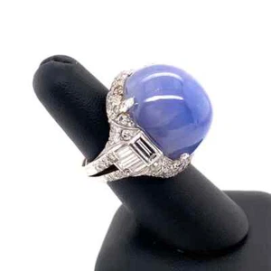 Features A Huge 79.80CT Cabochon Ceylon Sapphire With Clear CZ 1920 Vintage Ring - Picture 1 of 7