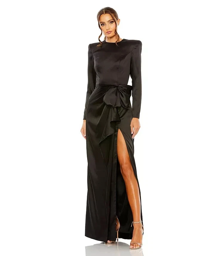 Mac Duggal Black Satin Bow Long Sleeve Column Gown Size 8 $398 - Image 1 of 3