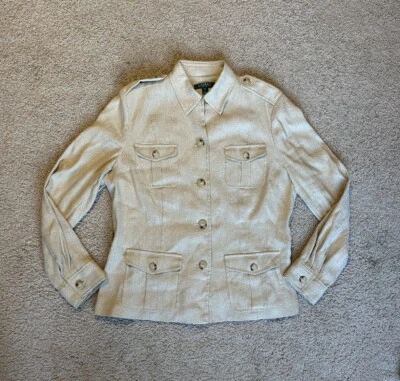 Chaqueta Lauren Ralph Lauren Para Mujer 16 Dorado Seda Lino Casablanca Brillante Cinturón Foto 1 de 4