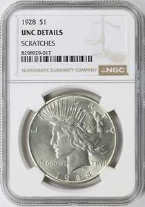 1928 1 $ Peace Dollar NGC unc Details Kratzer - Bild 1 von 4