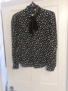 H&M Black White Floral Puff Sleeve Blouse Shirt Pussy Bow Tie Neck Medium 12 14 - Picture 1 of 4