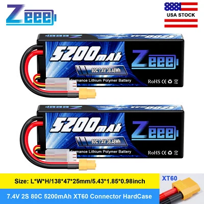 2x Zeee 2S 5200mAh Lipo Batería 7.4V 80C XT60 Estuche Rígido para Coche RC Buggy Truggy  Foto 1 de 4