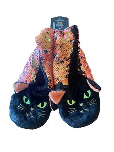 Womens Black Cat Flip Sequin Pull On Halloween Slipper Socks Black & Orange M/L - Picture 1 of 12
