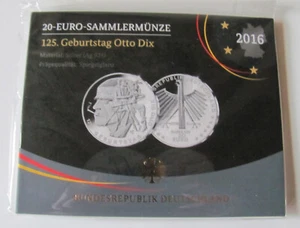 BRD 2016 G 20 Euro Sammlermünze "Otto Dix" Silber Ag .925 Spiegelglanz PP OVP - Bild 1 von 3