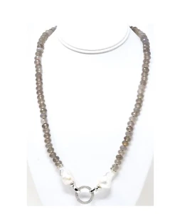 VINTAGE Faceted Labradorite Baroque Pearl and Sterling Necklace Stunning 22" - Picture 1 of 7