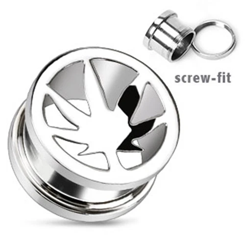 Flesh Tunnel Plug Intarsio Piercing 316L Acciaio Foglia di Cannabis Pot Hanf - Immagine 1 di 1