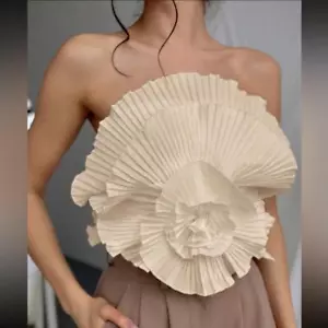 Cream Top Pleated Ruffle Cocktail, 3D flower design Top - Picture 1 of 3