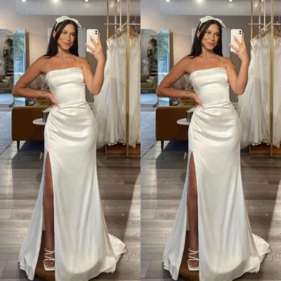 С плеча свадебное платье разрез русалки атласный пляж богемное без рукавов свадебные платья - Изображение 1 из 4