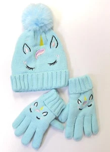 Children's Girl's Blue Hat & Gloves Set Light Blue Unicorn Design - Picture 1 of 7