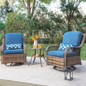 Oversized Outdoor Wicker Patio Furniture Set 3 Piece Rattan Swivel Rocker Chairs - Picture 1 of 10