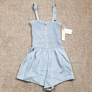 IRIS Romper Womens Small Blue Smocked Tank top Chambray Tencel Jumpsuit Shorts - Picture 1 of 11