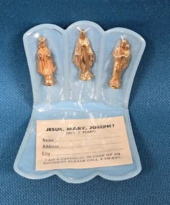 Vintage Antique Catholic Pocket Jesus Mary Joseph Statues with Case & Card - Picture 1 of 2