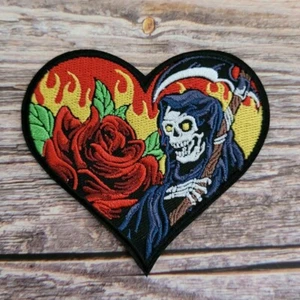 Grim Reaper Fire Rose Tattoo Style Biker Punk Heart 90'S Style Iron On Patch - Picture 1 of 2