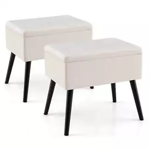 2PCS Velvet Vanity Stool Ottoman w/ Storage Solid Wood Legs Flip-Up Top - Picture 1 of 10