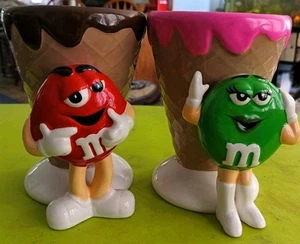 Set of 2 M&M ceramic red/green candy ice cream waffle cone sundae bowl cup mugs  - Picture 1 of 9
