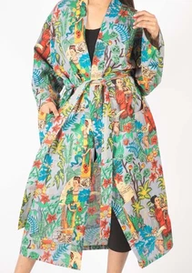 Indian Handmade Grey Kahlo Printed Cotton Kimono Robe One Size Women Bathrobe - Picture 1 of 4