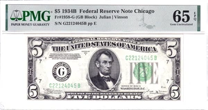 1934-B $5 Federal Reserve Note Chicago PMG Gem Uncirculated 65EPQ #G22124045B - Picture 1 of 2