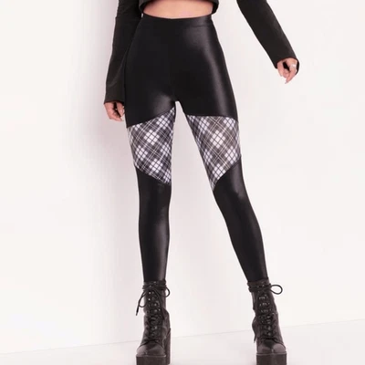 Blackmilk Spartans Tartan Heather HW Wet Look Leggings Black Milk Goth High Rise - Image 1 of 4