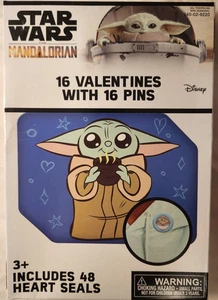 Star Wars The Mandalorian 16 Valentines w/ 16 Pins +48 Heart Stickers Sealed Box - Picture 1 of 8